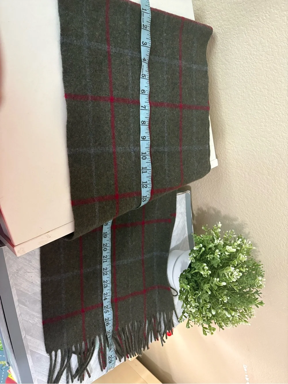 John Hanly Ireland Wool Cashmere Plaid Fringe Scarf Green Tartan Unisex